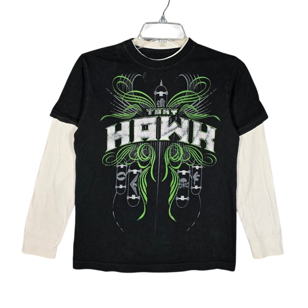 Vintage Y2K Tony Hawk T-Shirt Youth‎ Medium Double Long Sleeve Skater Black